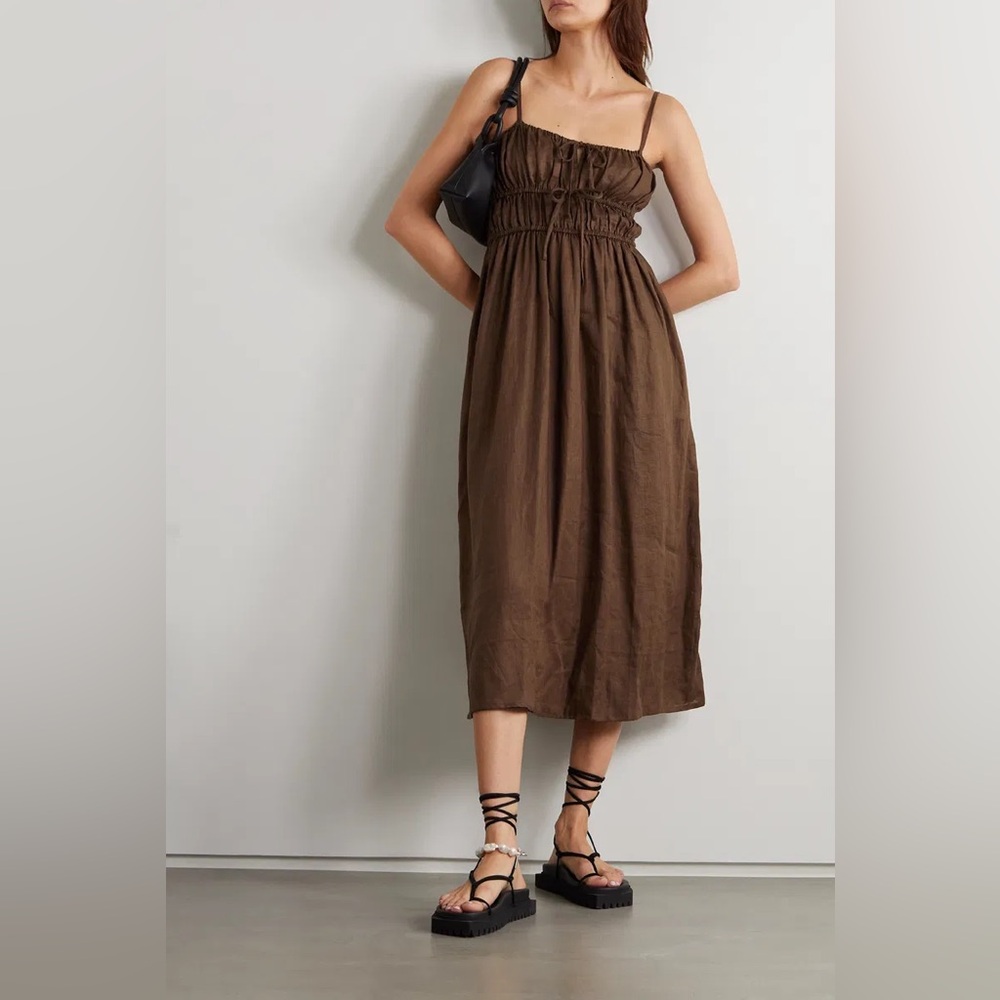 Faithfull the Brand “Francesca” Brown Linen Midi Dress
